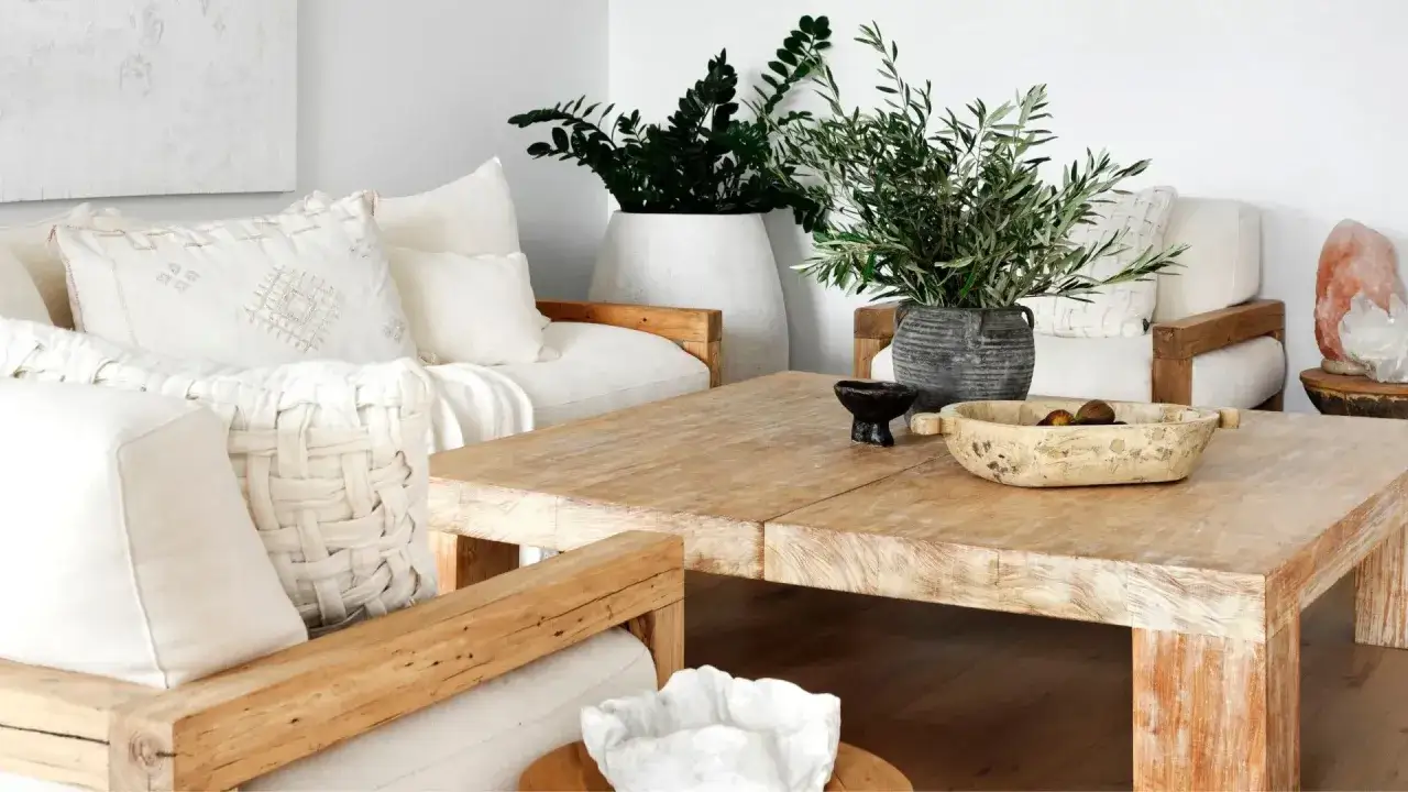 Un tavolino in legno grezzo con ciotola decorativa, vasi con piante e una lampada di sale rosa: idee per cosa mettere su un tavolino da salotto moderno.