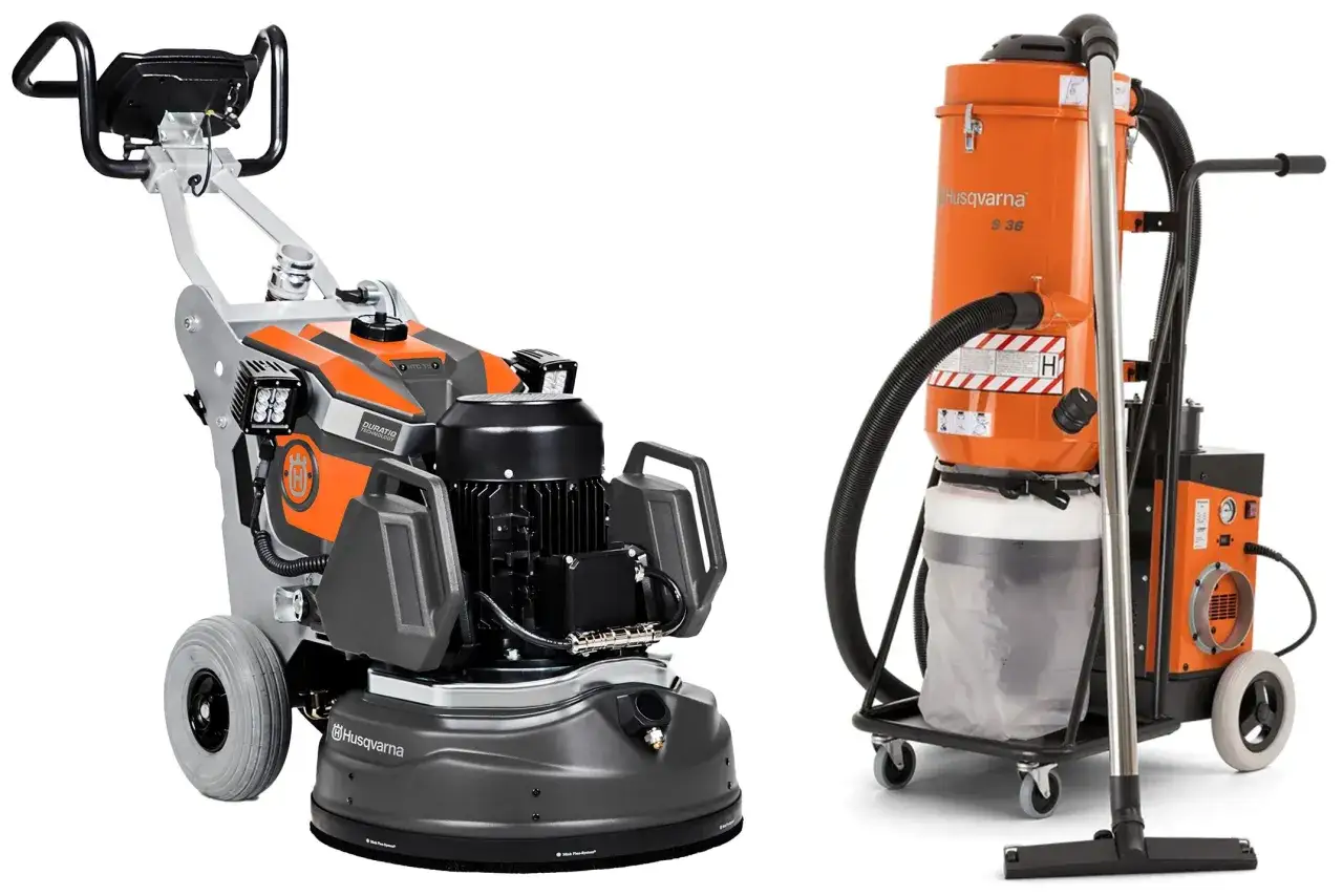 Husqvarna Bodenschleifmaschine und Industriesauger für professionelles Estrich schleifen.