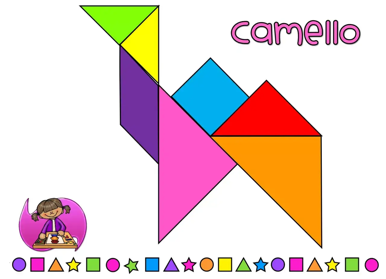 Un camello formado con figuras tangram fáciles. ¡Un divertido rompecabezas para niños!