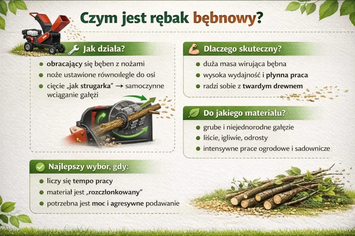 Budowa rębaka do gałęzi: bęben z nożami tnie gałęzie jak strugarka, zapewniając szybkie rozdrabnianie drewna.