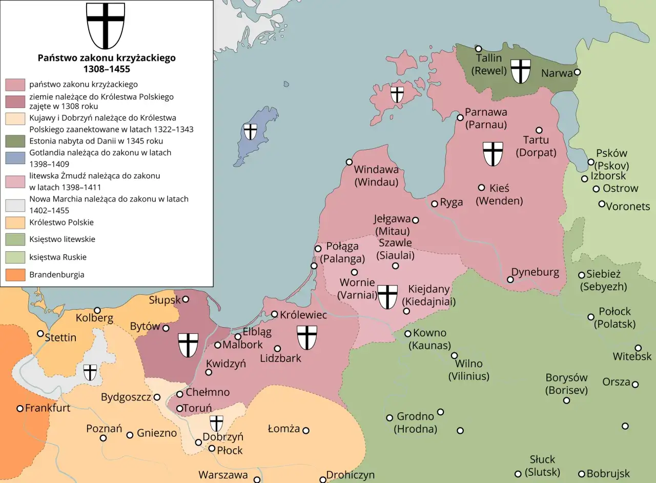 Mapa Państwa Zakonu Krzyżackiego. Inflanty leżą na p&oacute;łnoc od Rygi, w rejonie Tallinna i Narwy.