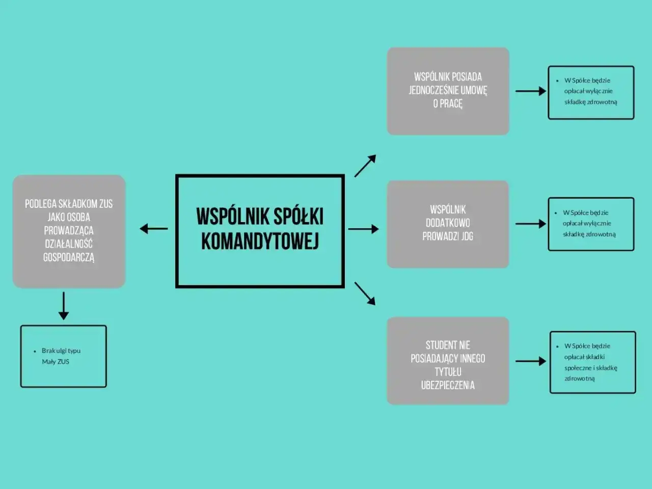 Schemat wyjaśnia, kto jest wspólnikiem spółki komandytowej i jakie składki ZUS opłaca.