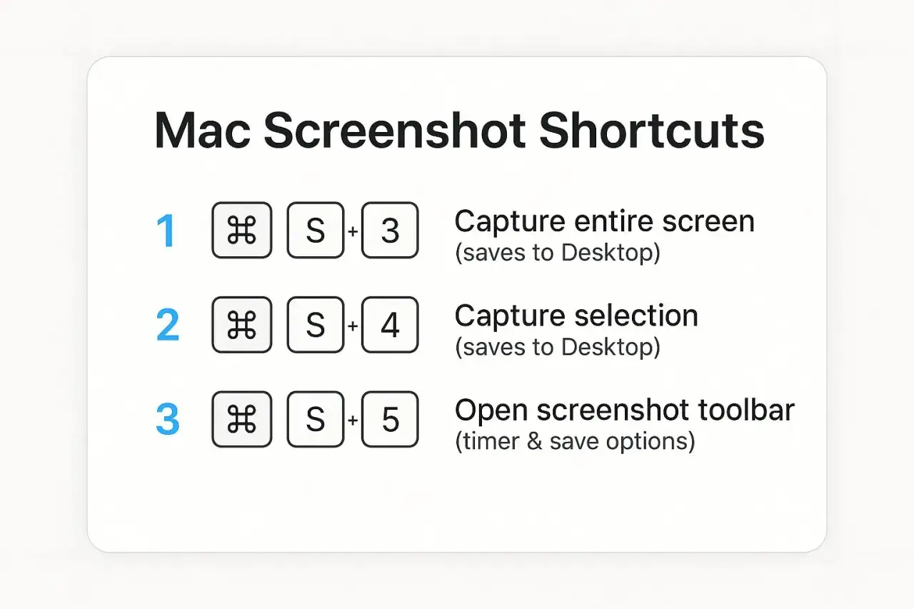 Zrzut ekranu MacBook: skr&oacute;ty do przechwytywania całego ekranu (Cmd+Shift+3), zaznaczenia (Cmd+Shift+4) lub otwierania paska narzędzi (Cmd+Shift+5).