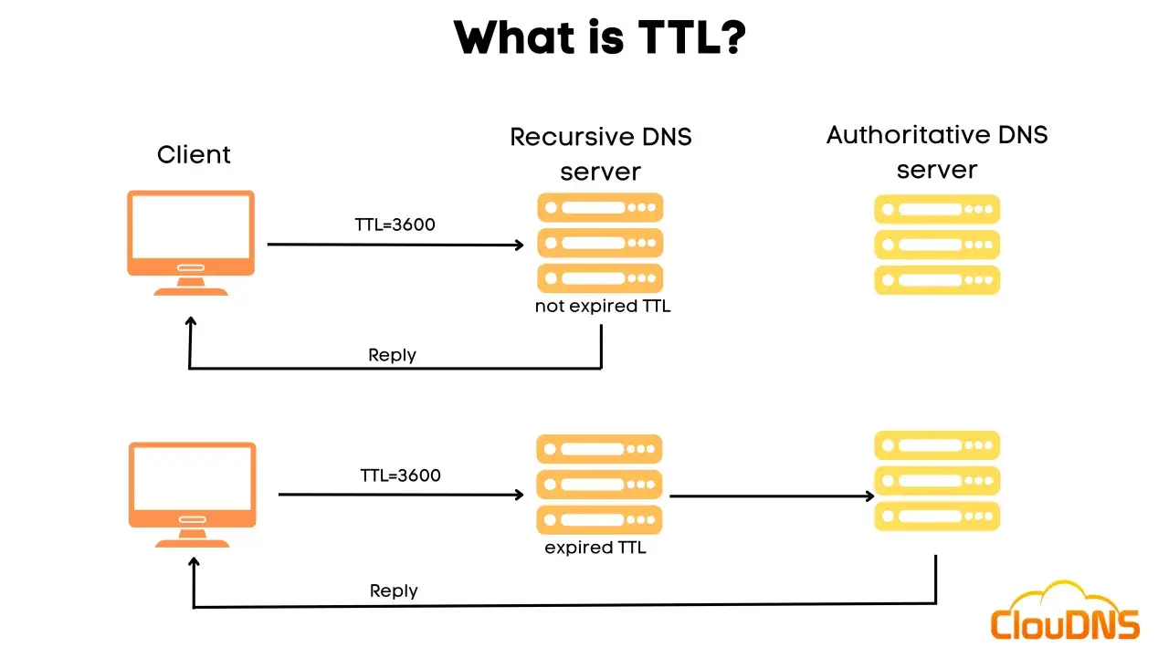 Schemat pokazuje, jak klient wysyła zapytanie DNS z TTL=3600 do serwera rekurencyjnego. Gdy TTL nie wygasł, odpowiedź jest szybka. Gdy TTL wygasł, proces trwa dłużej.