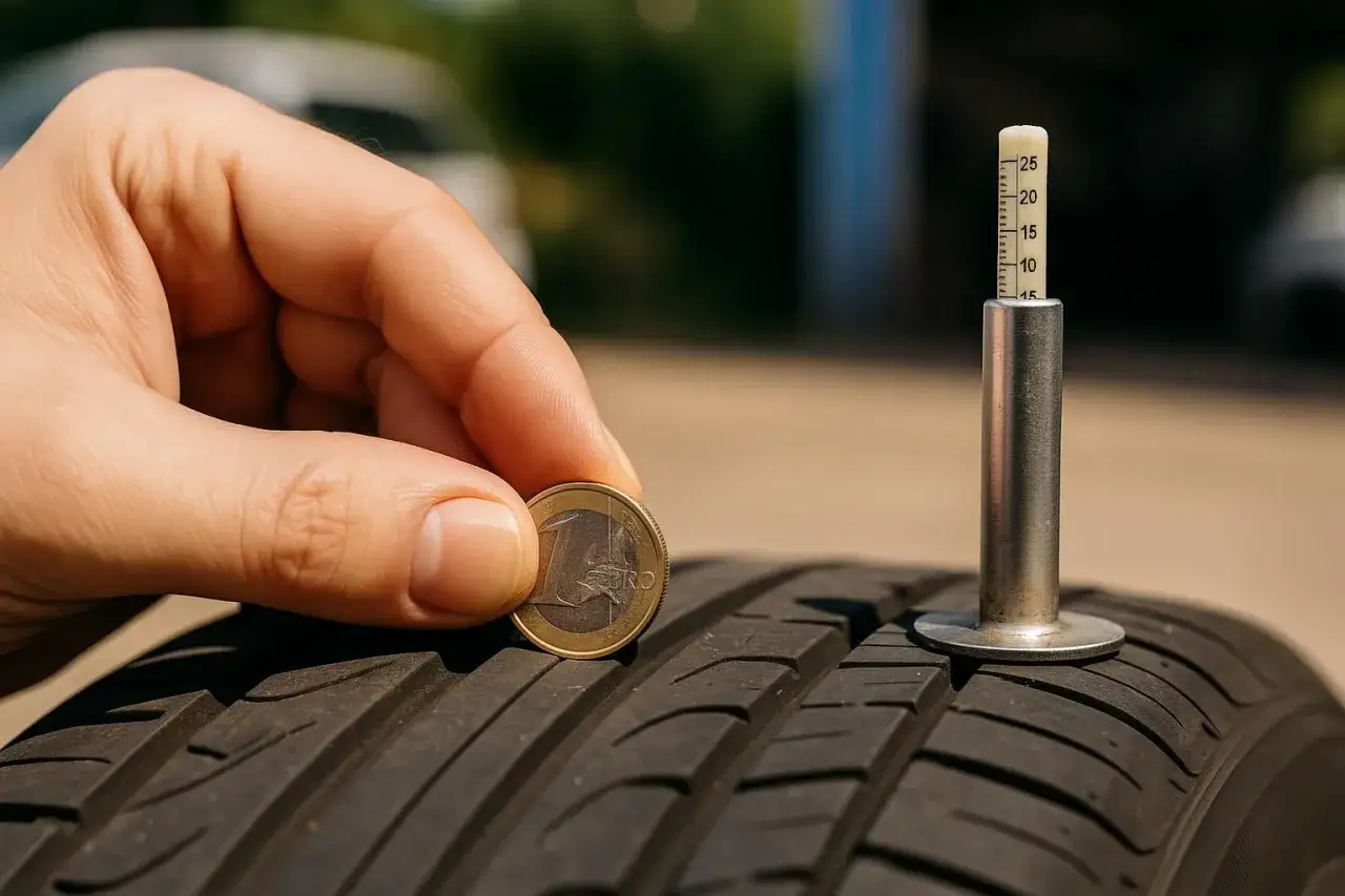 Sommerreifen profiltiefe neu: Ein Euro-St&uuml;ck und ein Reifenprofilmesser auf einem Reifen.