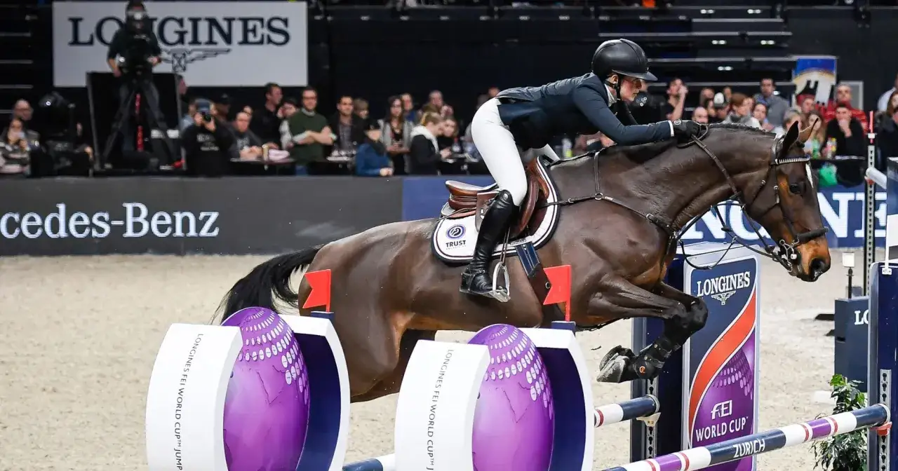 Une cavalière et son cheval en pleine phase du saut cheval, franchissant un obstacle lors d'une compétition.