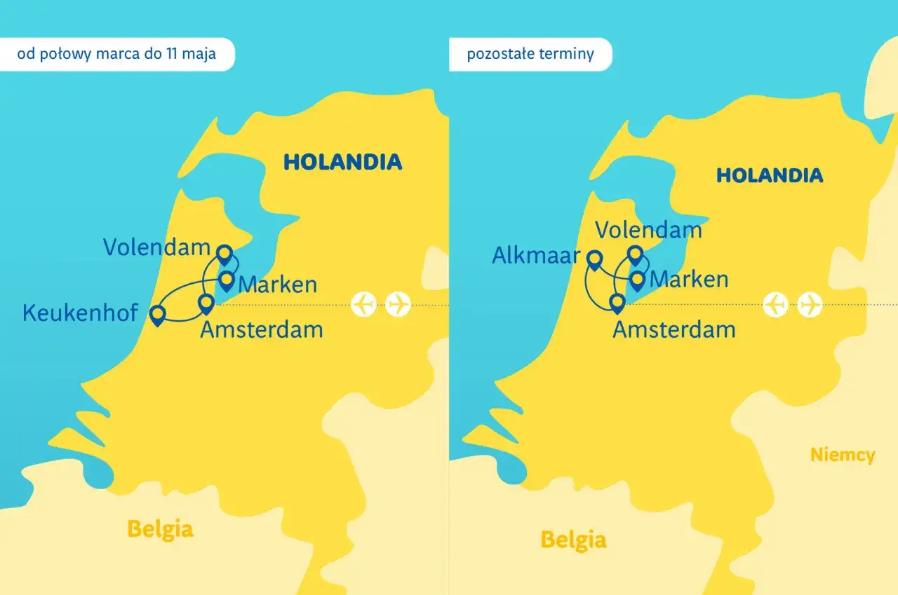 Dwie mapy Holandii pokazują trasę podróży: Keukenhof, Volendam, Marken i Amsterdam. Gdzie jest Amsterdam? Na obu mapach!