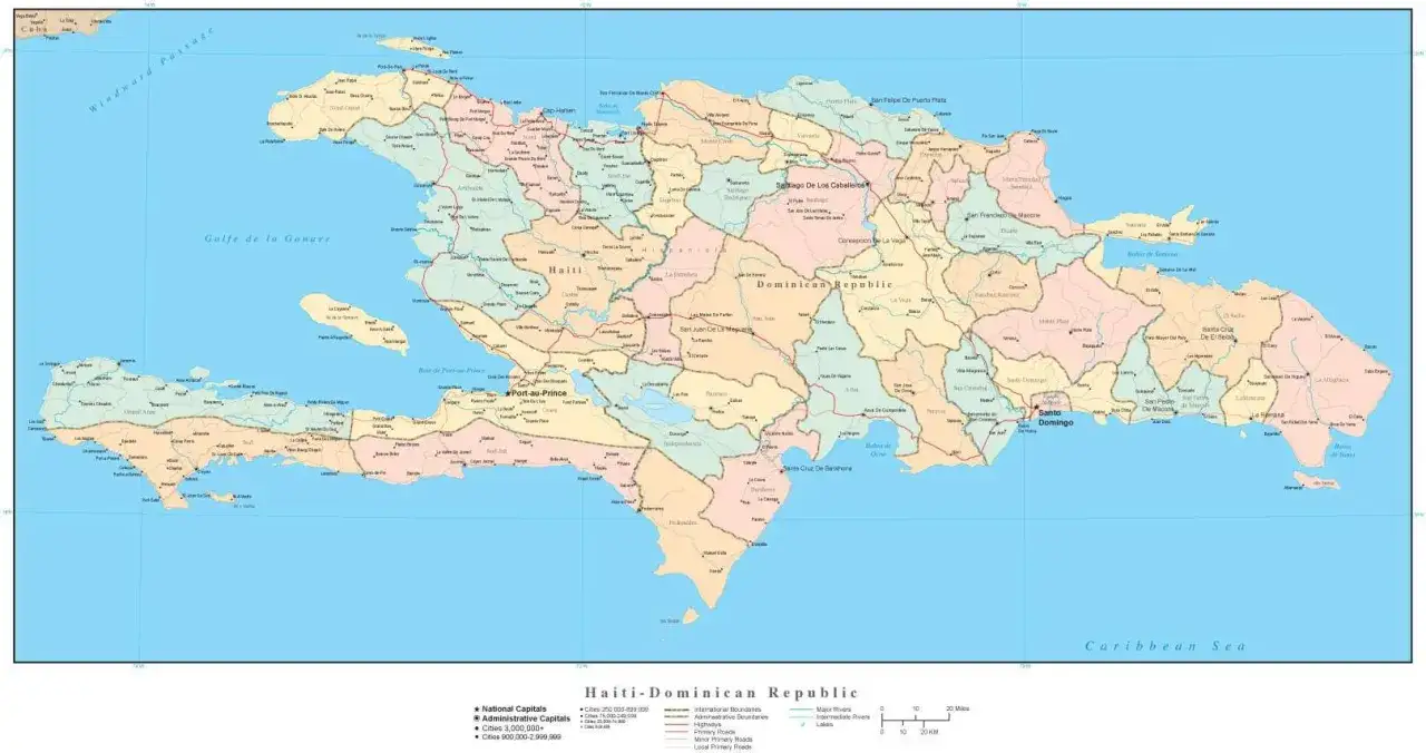 Mapa Haiti i Dominikany, pokazująca granice administracyjne, drogi i miasta. Dominikana graniczy z Haiti na zachodzie.