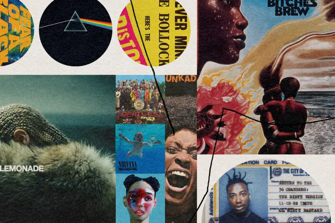 Kolaż okładek płyt, od klasyków jak Pink Floyd, The Beatles, Nirvana, po Beyoncé. To wizualna podróż przez muzykę, pokazująca, co to jest dyskografia.