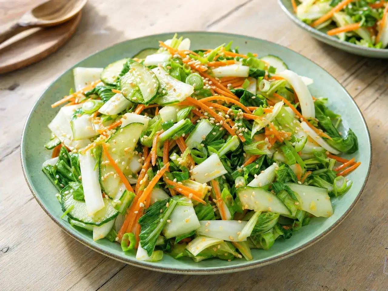 Frischer Salat mit Pak Choi roh essen, Gurken, Karottenstreifen und Sesam. Ein leichter Genuss!