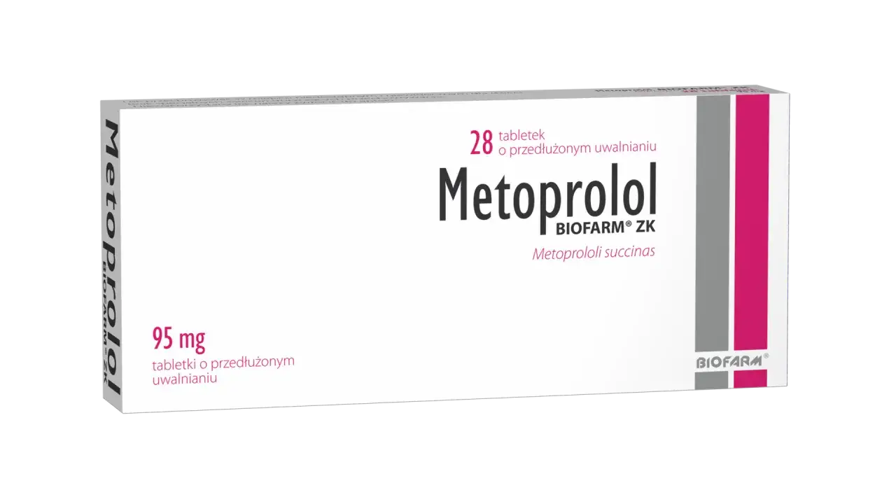 Opakowanie leku Metocard zawierające 28 tabletek o przedłużonym uwalnianiu, każda po 95 mg.
