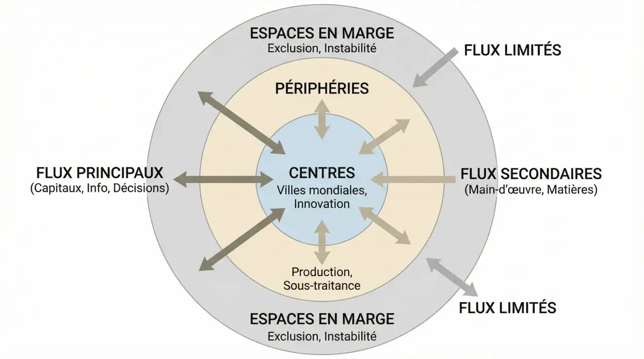 Schéma illustrant les centres, périphéries et espaces en marge, avec les flux principaux, secondaires et limités, utile pour une dissertation sur la mondialisation.