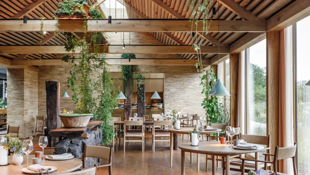 Interni di un ristorante con travi in legno a vista, piante rampicanti e tavoli apparecchiati. Un esempio di come arredare un locale con stile naturale.