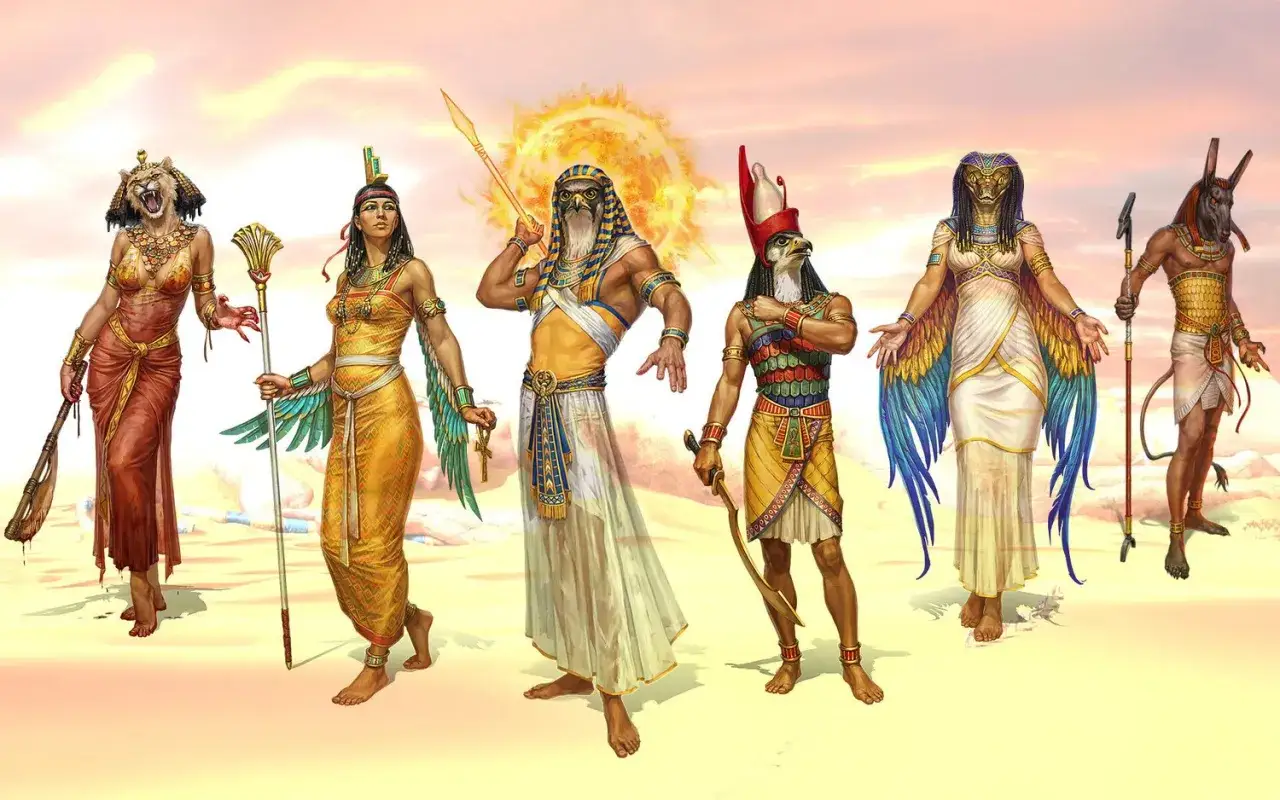 En grupp egyptiska gudar och gudinnor, inklusive Sekhmet med lejonhuvud och Horus med falkhuvud. En lista &ouml;ver egyptiska gudinnor kan inkludera dessa figurer.