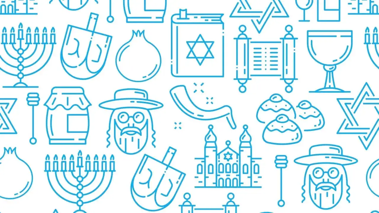 A pattern of blue line art icons representing Judaism: menorahs, dreidels, a Torah scroll, a shofar, challah bread, and a Star of David.