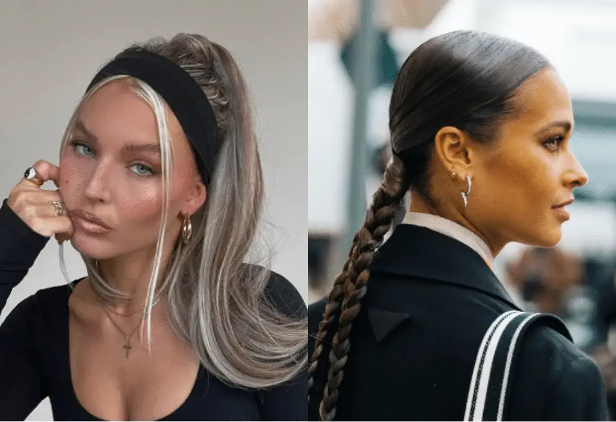 Dos peinados para disimular pelo sucio: coleta alta con cinta y trenza pulida.