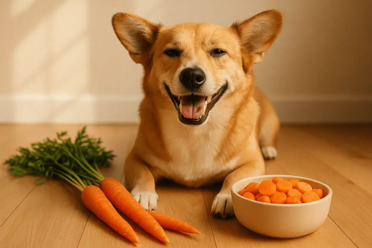 Uśmiechnięty pies rasy Corgi leży obok miski z marchewką i pęczka świeżych marchewek. Czy pies może jeść marchewkę? Tak!