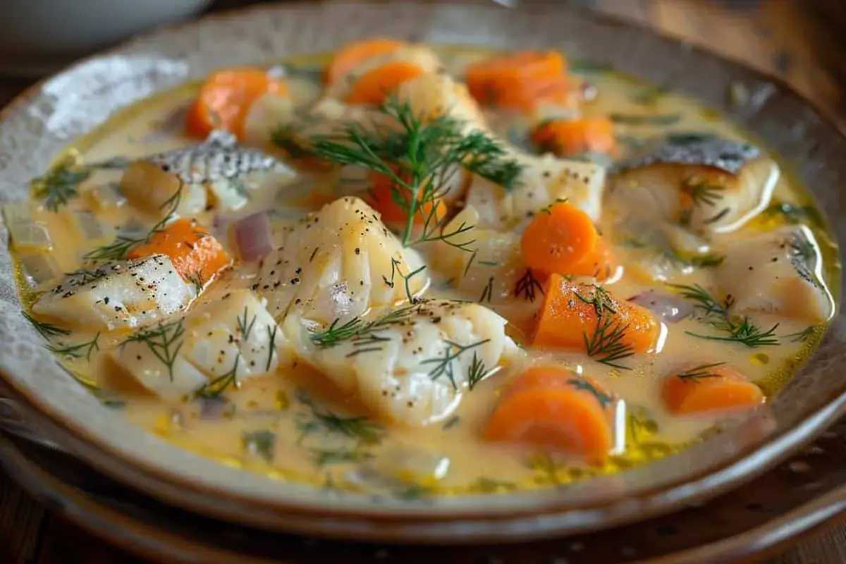 Un plat r&eacute;confortant de blanquette de poisson, avec des morceaux de poisson blanc, des carottes et de l'aneth dans une sauce cr&eacute;meuse.