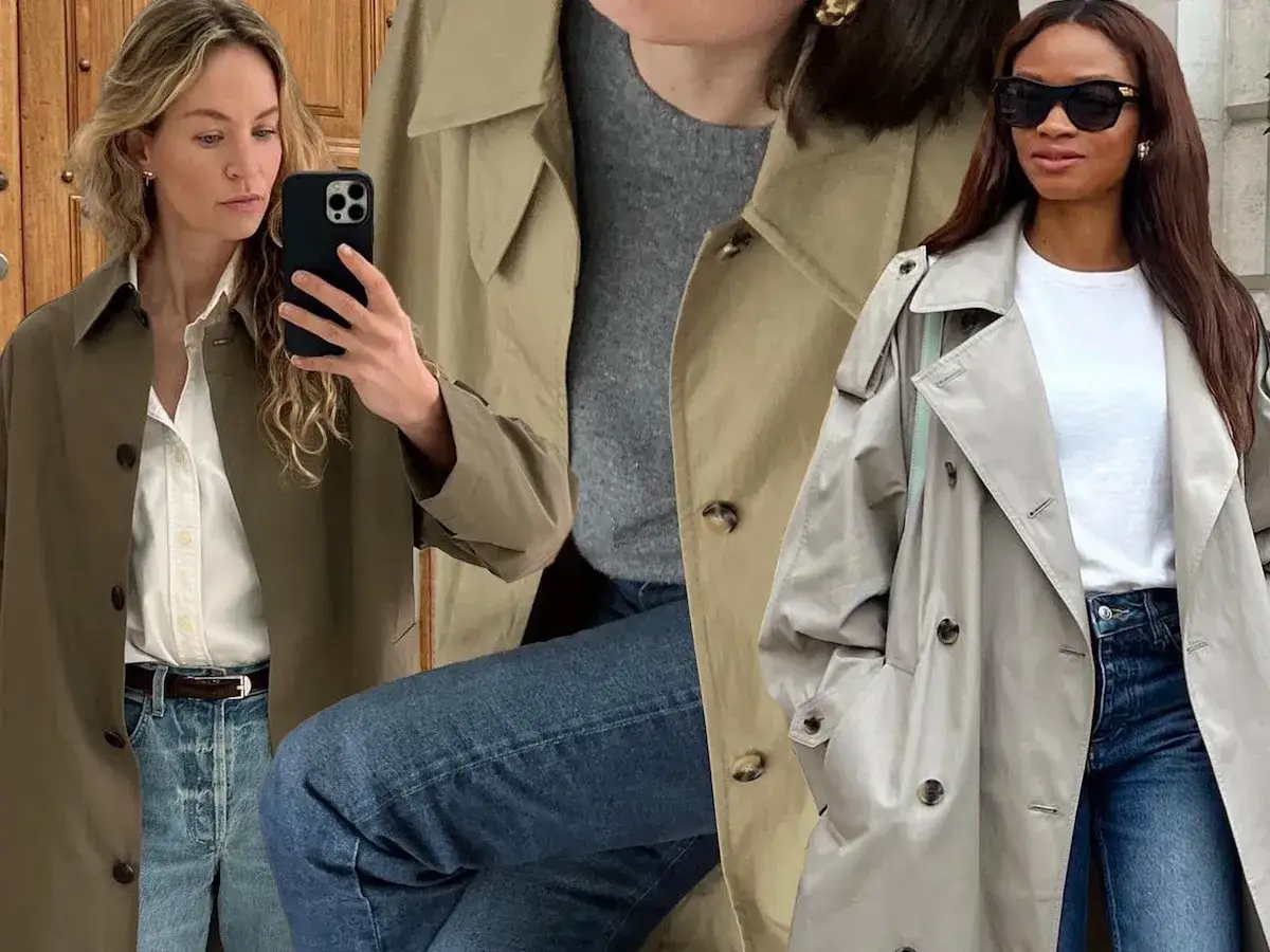 Elegancki styl francuski moda damska: kobiety w beżowych i oliwkowych trenczach, dżinsach i białych koszulach.