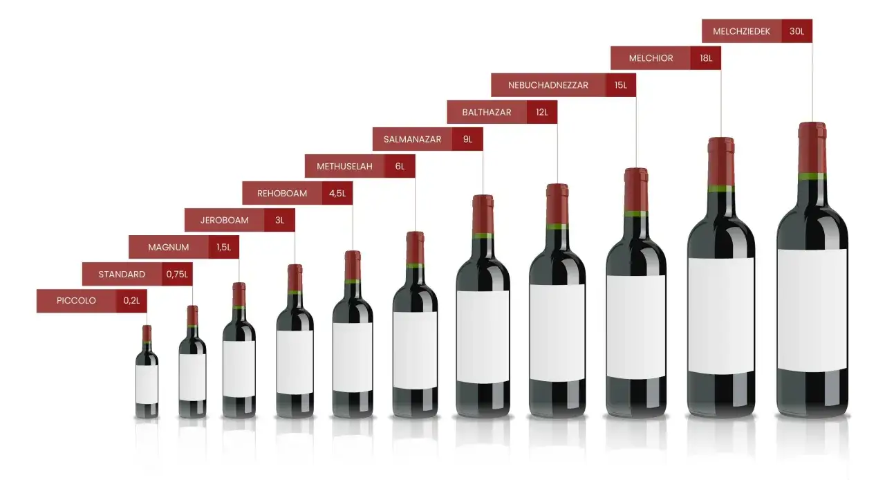 Le diverse dimensioni delle bottiglie di vino, dai nomi biblici come Piccolo (0,2L) a Melchizedek (30L), mostrano una gamma di nomi bottiglie vino.