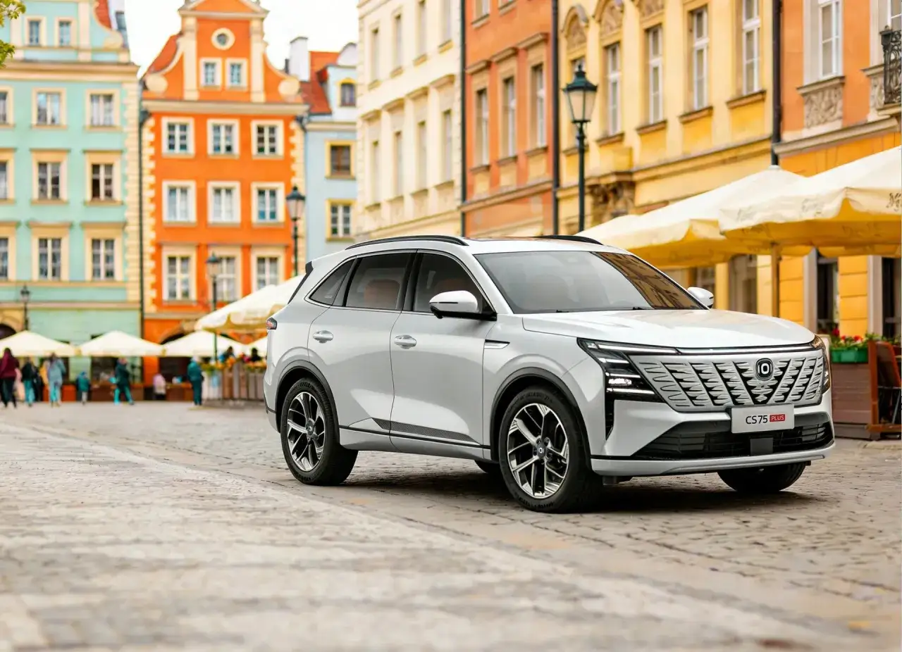 Nowy Changan CS75 PLUS na brukowanym rynku w Polsce, otoczony kolorowymi kamienicami.