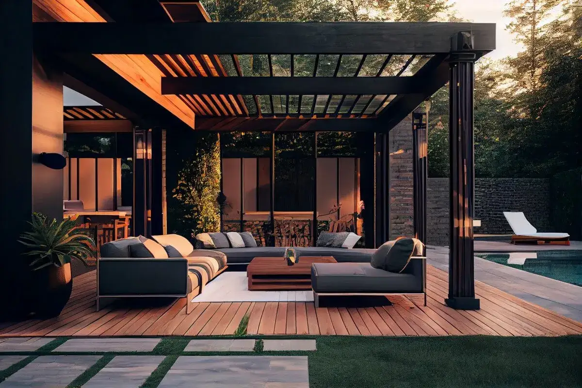Nowoczesna pergola z drewnianym tarasem i wygodnymi sofami. Zastanawiasz się, czym zabezpieczyć pergole? Odpowiednie impregnaty ochronią drewno przed wilgocią.