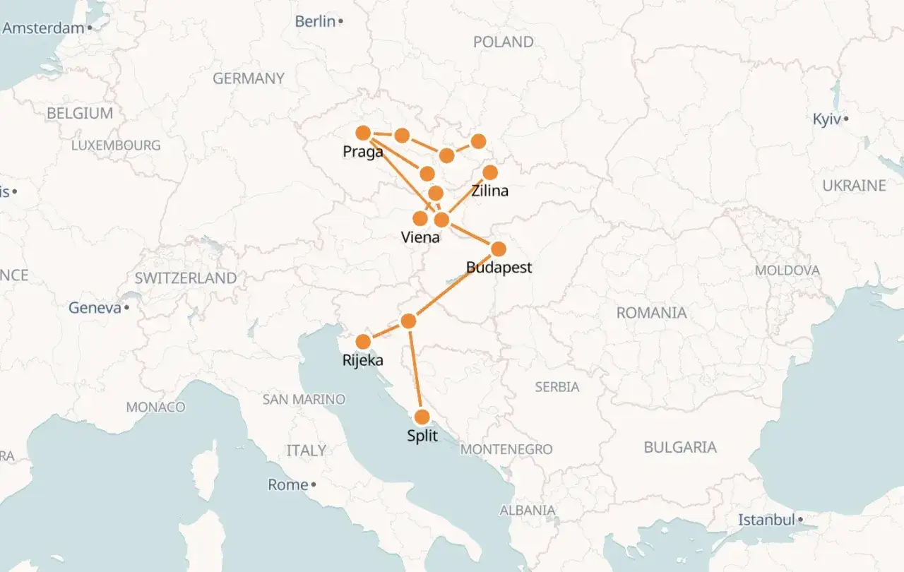 Mapa de Europa Central con ruta que conecta Praga, Viena y Budapest, extendiéndose hasta Split y Rijeka en Croacia.