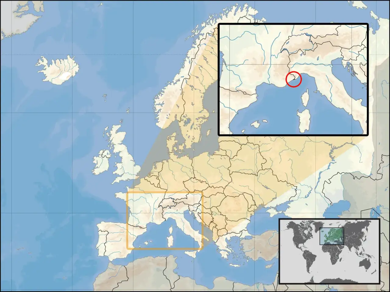 Monako na mapie Europy, zaznaczone czerwonym kółkiem, to maleńkie państwo na Lazurowym Wybrzeżu.