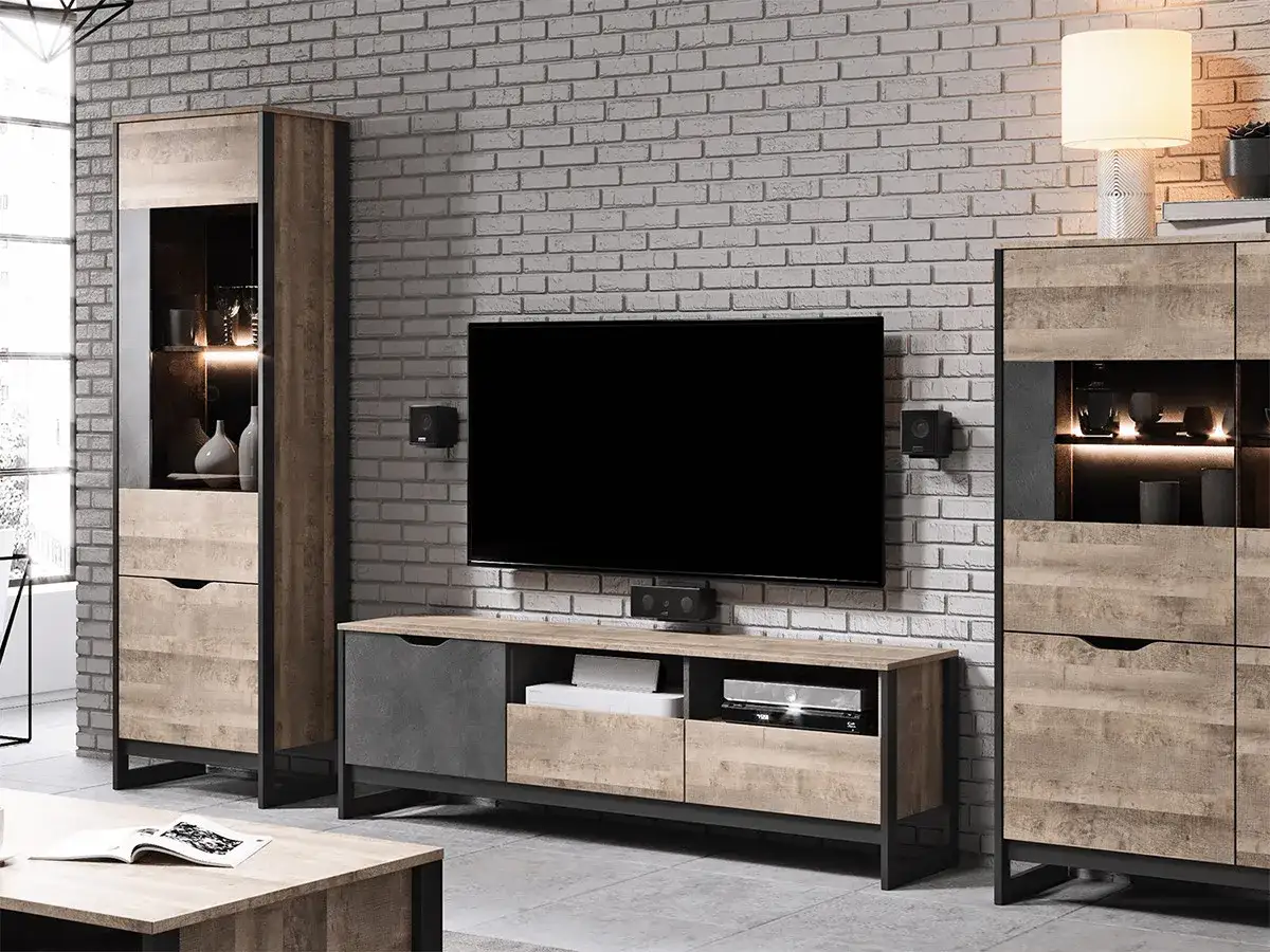Meuble TV moderne avec rangements int&eacute;gr&eacute;s, id&eacute;al pour comment cacher des fils &eacute;lectriques et organiser votre salon.