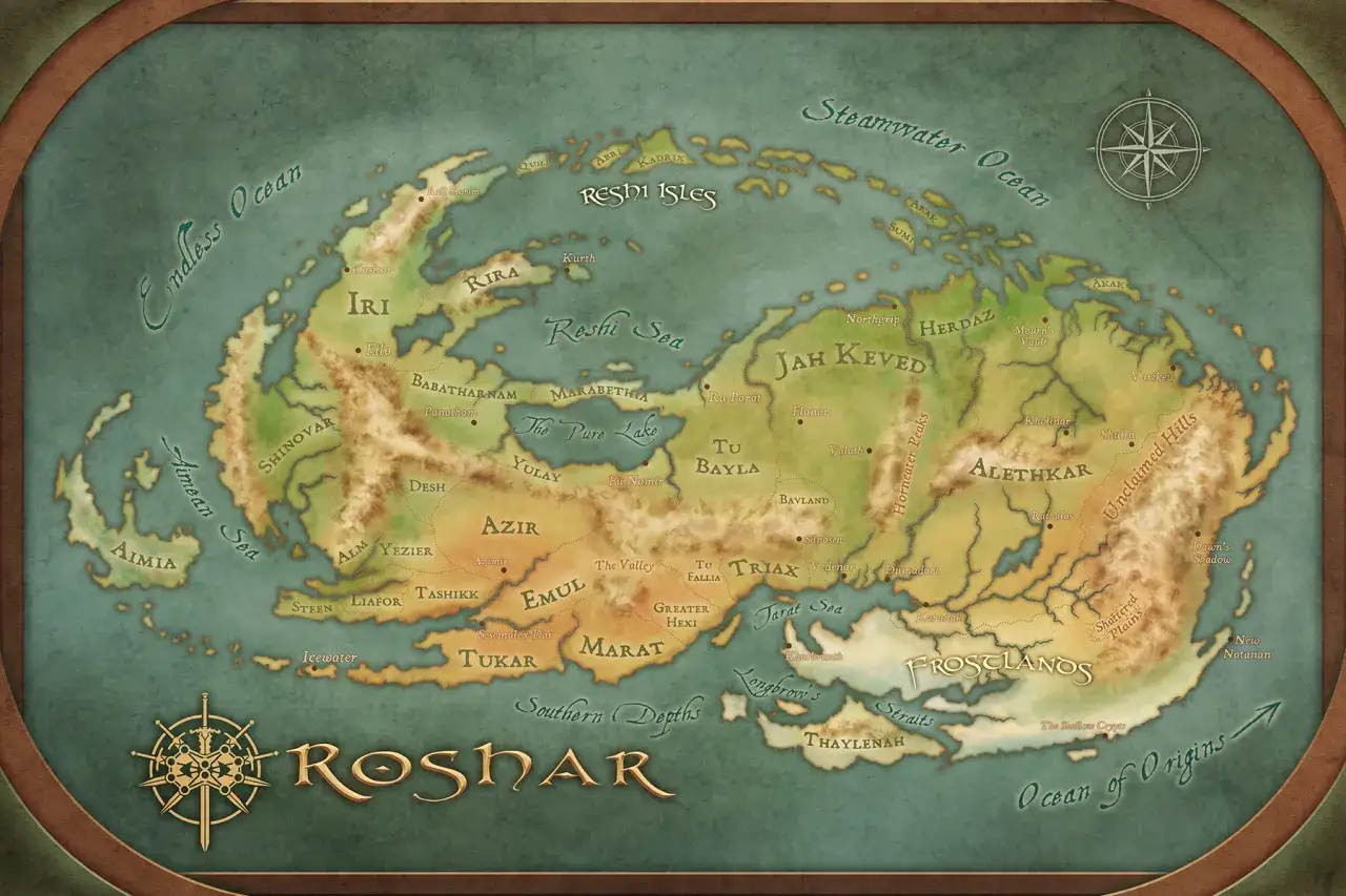 Mapa świata Roshar, z archiwum burzowego światła, ukazuje kontynenty, morza i miasta, w tym IRI, Jah Keved i Alethkar.