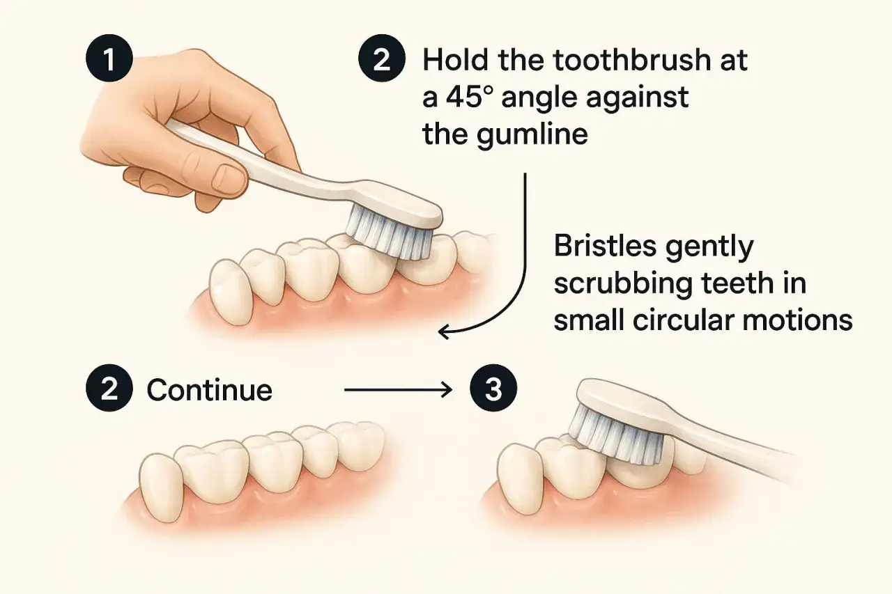 Illustrazione mostra come spazzolare i denti con movimenti circolari per prevenire carie. Passaggi 1, 2 e 3 guidano la tecnica.