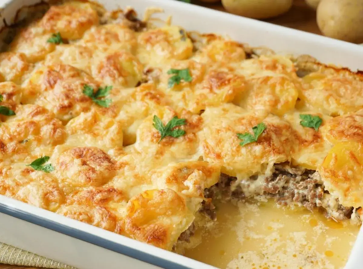 Omas Kartoffelauflauf mit Hackfleisch, goldbraun überbacken mit Käse und garniert mit Petersilie. Ein herzhaftes Gericht, das Erinnerungen weckt.