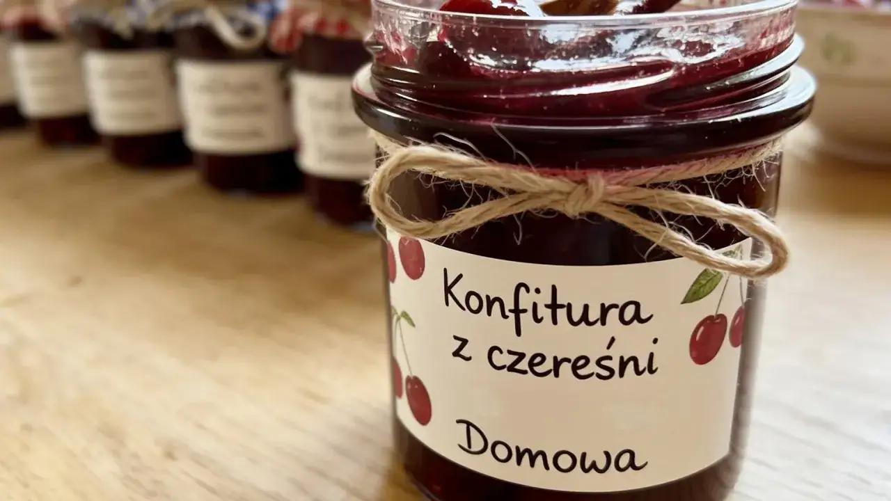 Słoik z domową konfiturą z czereśni, ozdobiony sznurkiem i etykietą z rysunkiem owoców. W tle widać kolejne słoiczki.