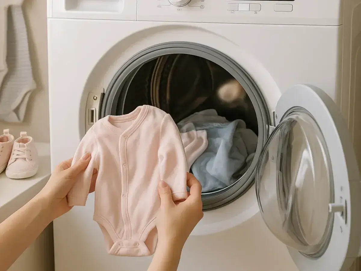 Manos sostienen un mameluco rosa para bebé, listo para lavar ropa de bebé en la lavadora.