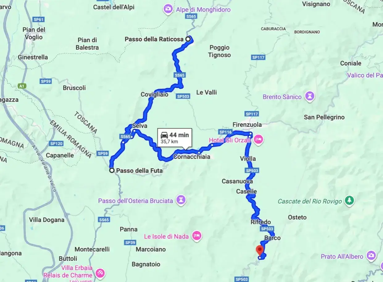 Mappa del percorso in moto per il Passo della Futa, con tappe a Firenzuola e Raticosa.