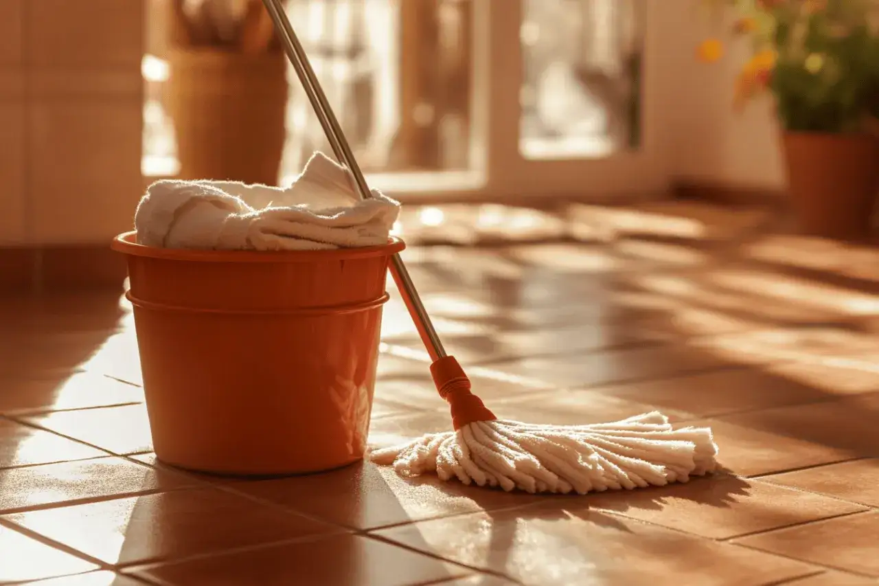 Seau orange avec serpillère et serviette blanche sur un sol en terre cuite. Idéal pour le nettoyage terre cuite avec bicarbonate de soude.