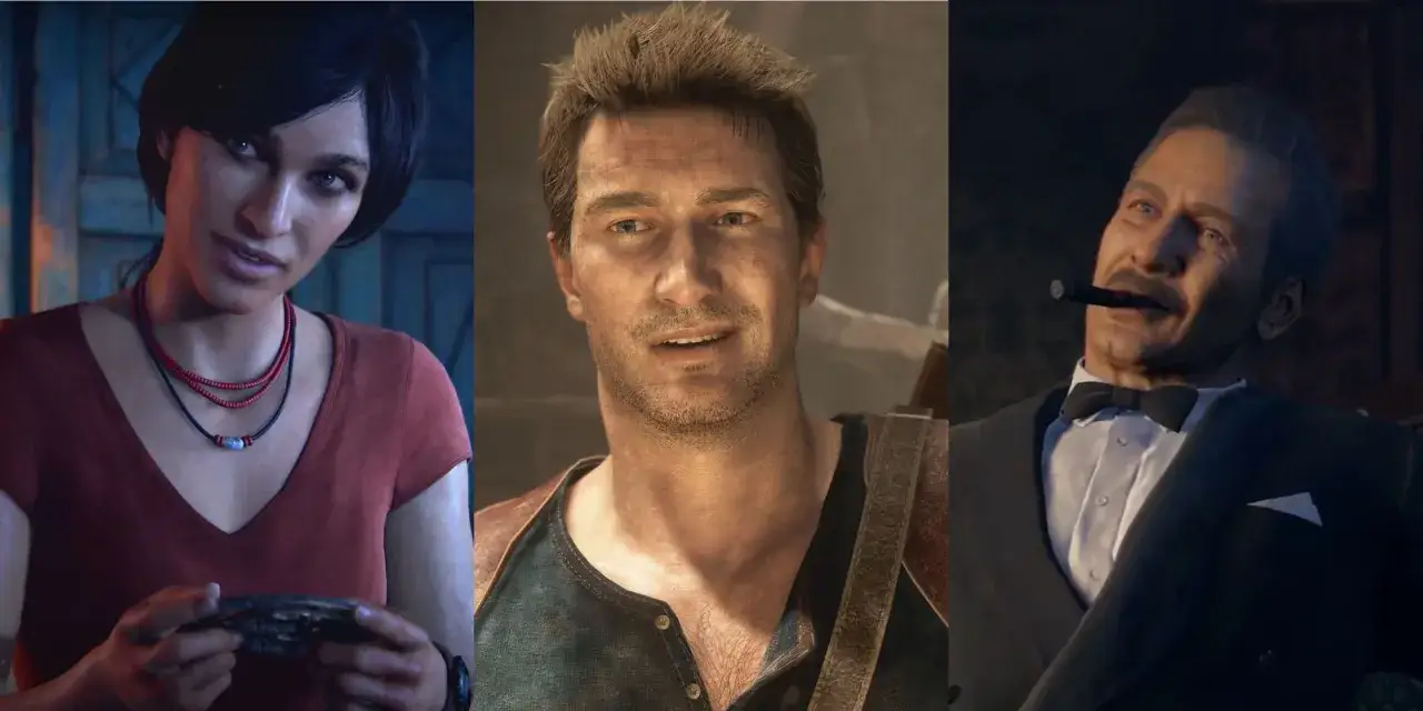 Trzy postacie z gry Uncharted: Elena, Nathan Drake i Rafe Adler.