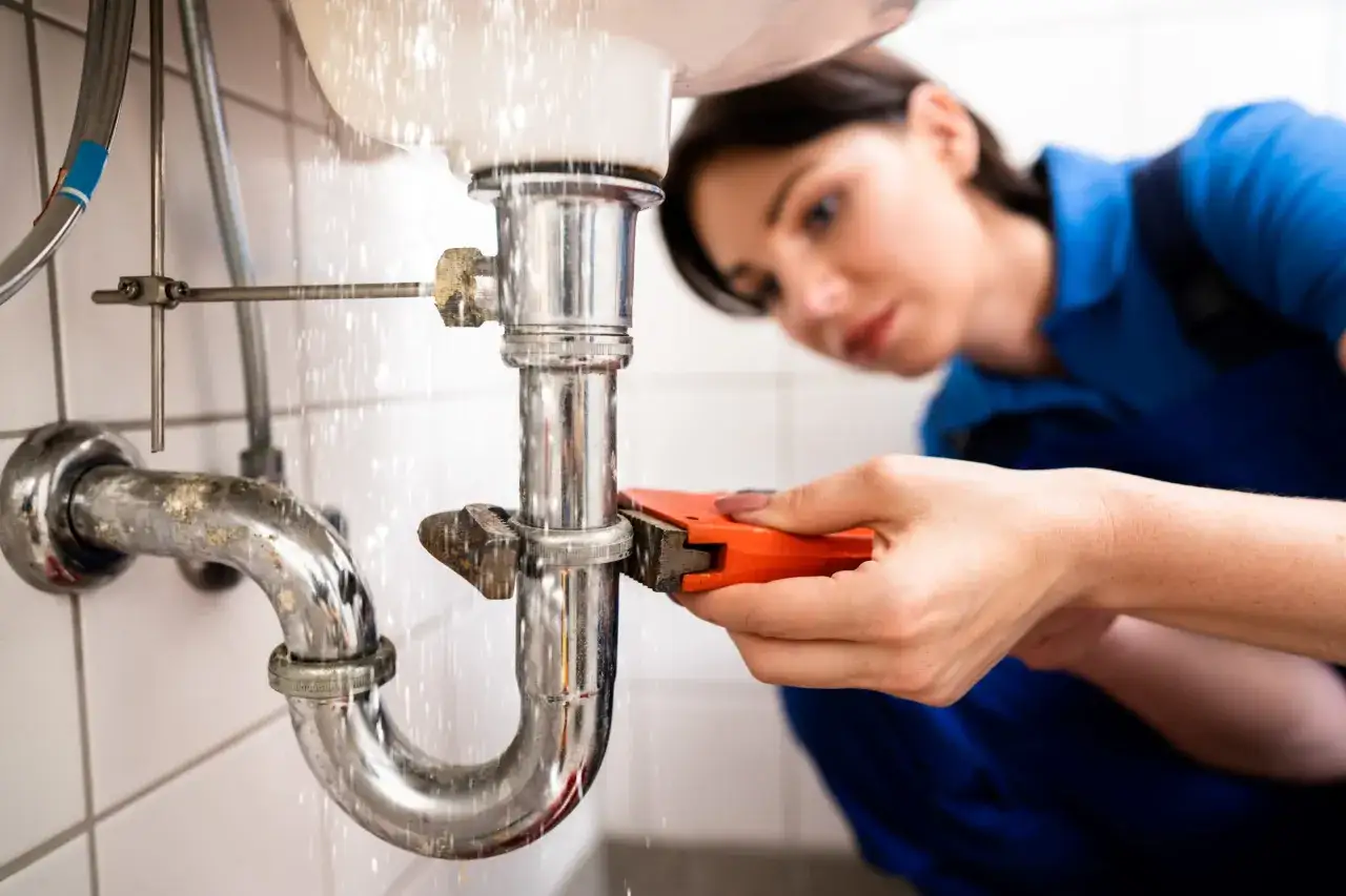 Fontanera concentrada reparando tuber&iacute;a con fugas bajo un lavabo.