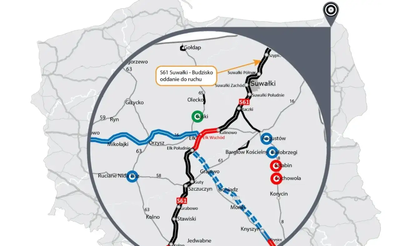 Mapa przedstawia fragment trasy S61 od Suwałk do Budziska, z zaznaczonymi miastami i odcinkami drogi.
