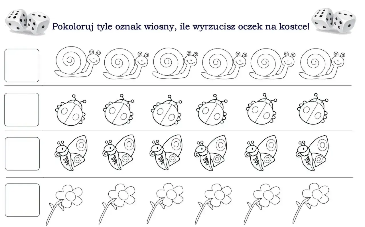 Karty pracy do rewalidacji w przedszkolu: koloruj ślimaki, biedronki, motyle i kwiaty zgodnie z wyrzuconymi oczkami na kostce.