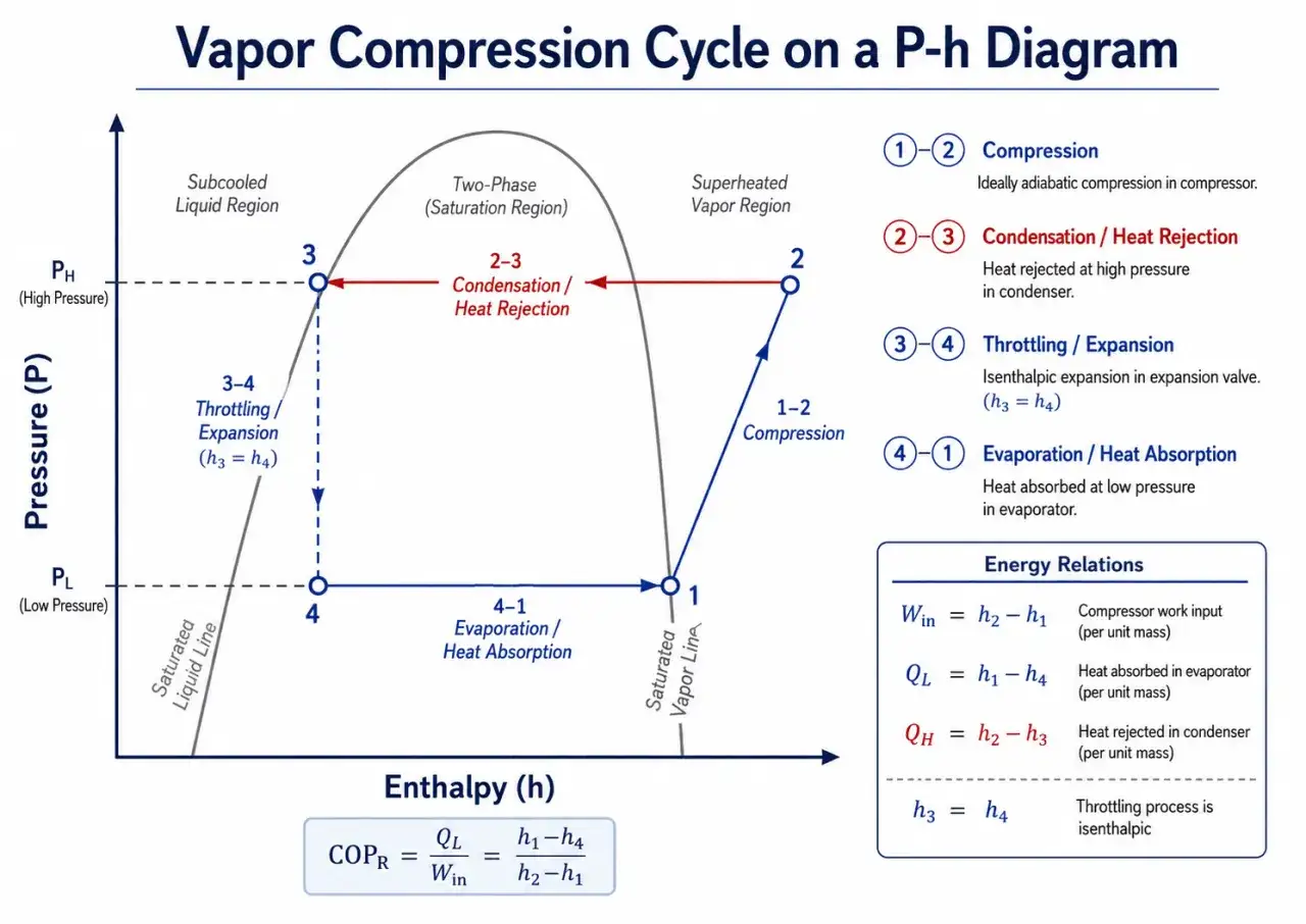 Diagrama P-h del ciclo de compresión de vapor, mostrando las regiones y procesos, con la fórmula del COP.