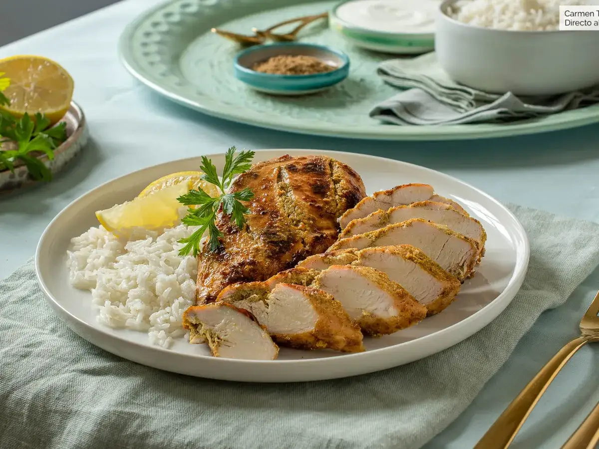 Sabroso pollo tandoori cortado en rodajas, servido con arroz blanco y una rodaja de limón.