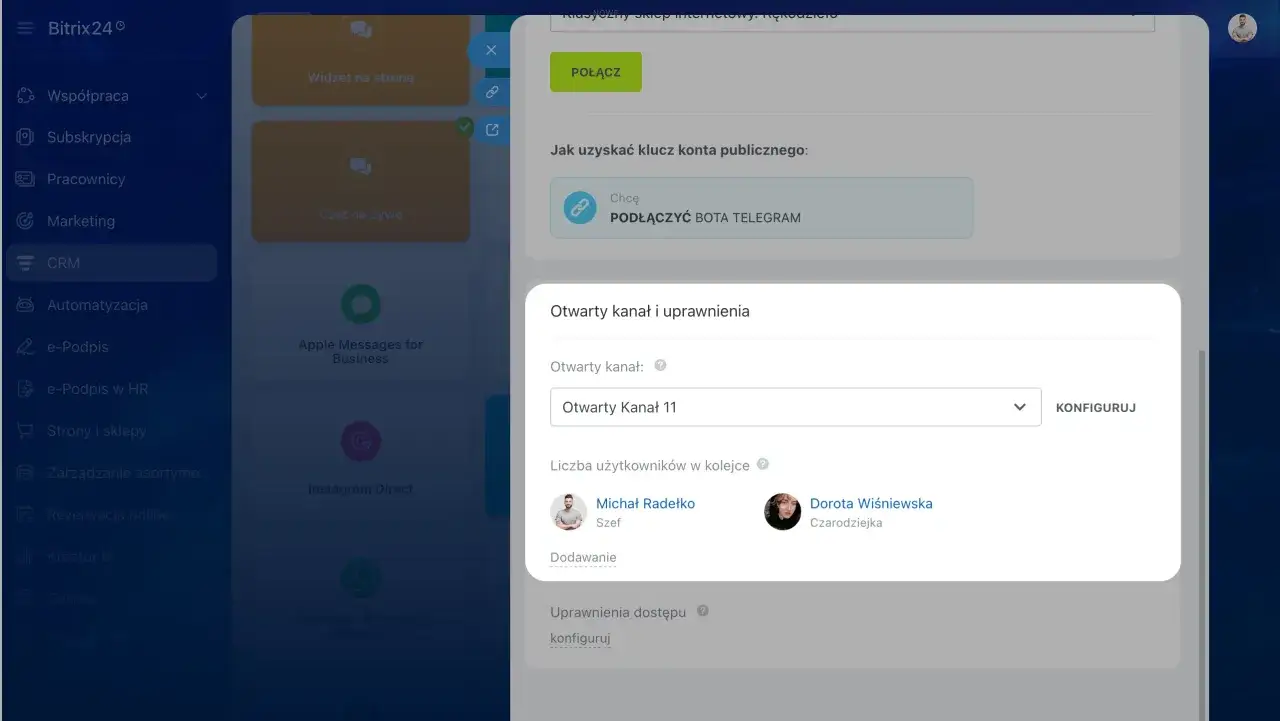 Konfiguracja otwartego kanału w aplikacji Telegram. Użytkownicy mogą dodawać i zarządzać uprawnieniami.