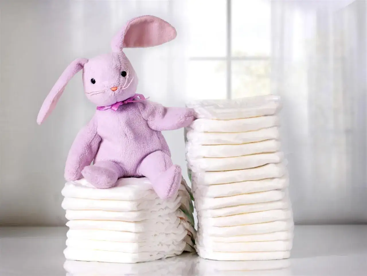 Fioletowy króliczek siedzi na stosie pieluch. Obok niego drugi stos, a za nimi okno. Wybór między pieluchami tetrowymi a muslinowymi.