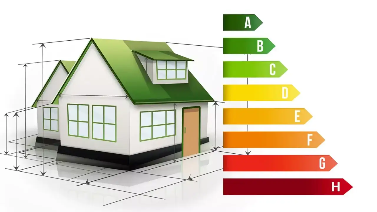 Ein Haus mit grünen Dächern und Maßlinien, daneben eine Skala zur Energieeffizienzklasse Haus von A bis H.