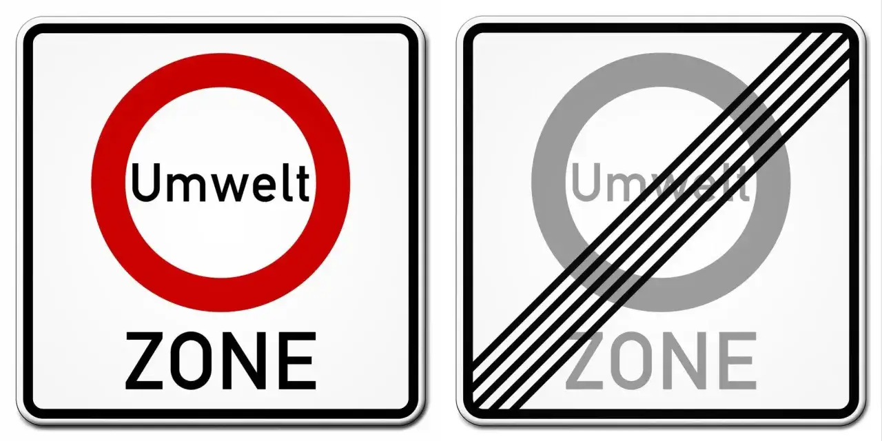 Znaki drogowe Niemcy: strefa ekologiczna (Umweltzone) i koniec strefy. Taryfikator mandatów za wjazd do strefy bez odpowiedniej plakietki.