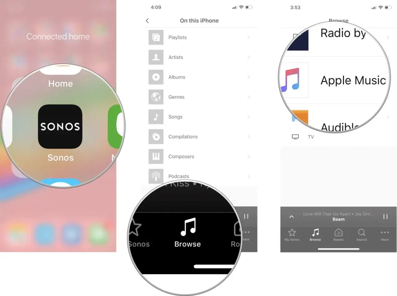 Sonos App zeigt Optionen zum Verbinden von Apple Music. So einfach lässt sich Apple Music mit Sonos verbinden.