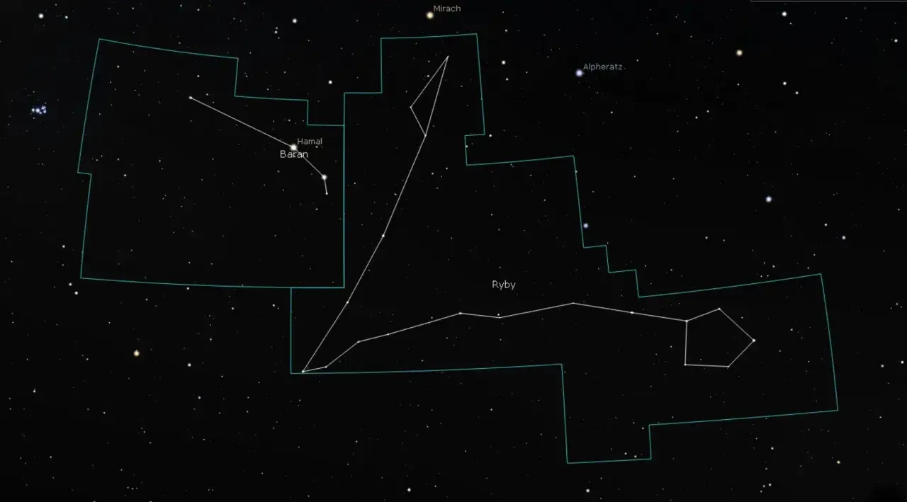 Gwiazdozbiór Ryby, jeden z 12 znaków zodiaku, widoczny na nocnym niebie. 20 marca to czas, gdy Słońce znajduje się w tym obszarze.
