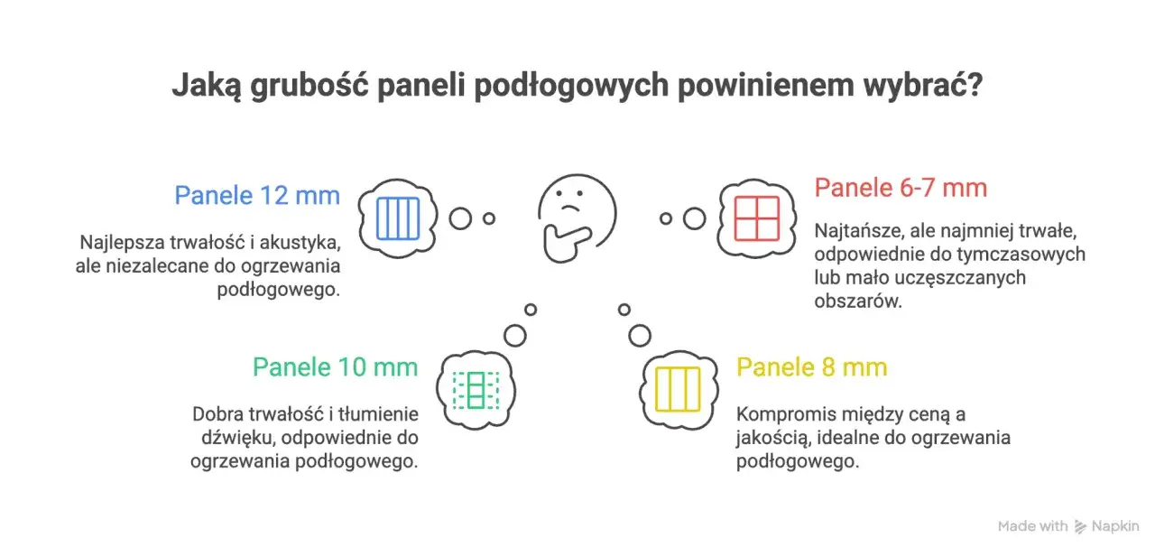 Wybór grubości paneli winylowych: 12 mm (trwałe, akustyczne, ale nie do ogrzewania), 10 mm (dobra trwałość, tłumienie, do ogrzewania), 8 mm (kompromis, do ogrzewania), 6-7 mm (najtańsze, tymczasowe).