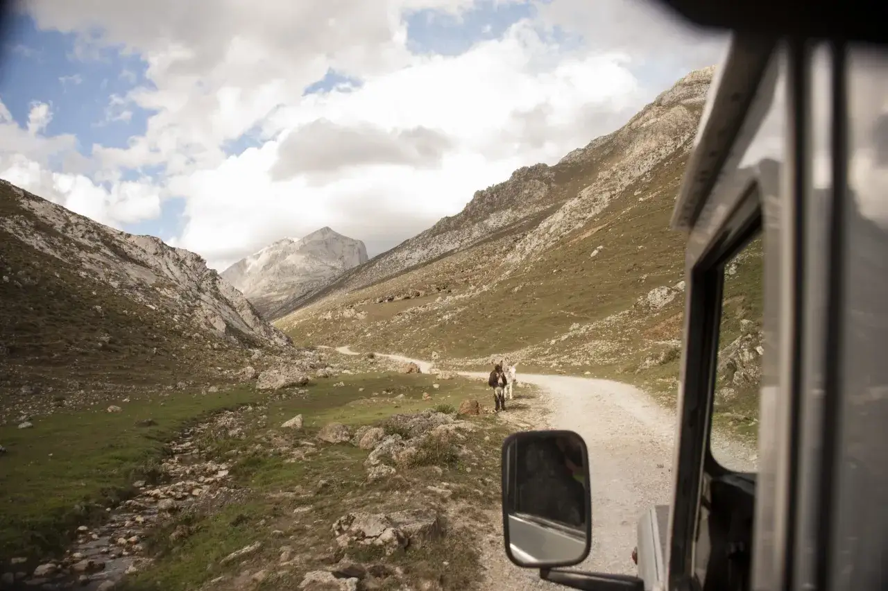 Viaje en coche por los Picos de Europa, con un camino de grava que serpentea entre montañas y dos burros curiosos.